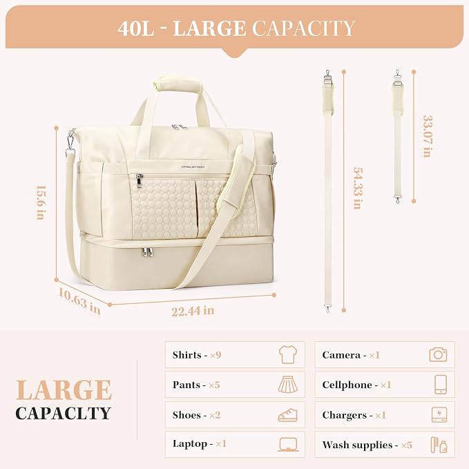 Maelstrom Gym Bag for Women,40L Travel Duffel Bag with Shoes Compartment and Wet Pocket,Waterproof Carry On Weekender Bag,Sport Gym Tote Bags Swimming Yoga, Hospital Holdalls（Beige) - Image 2