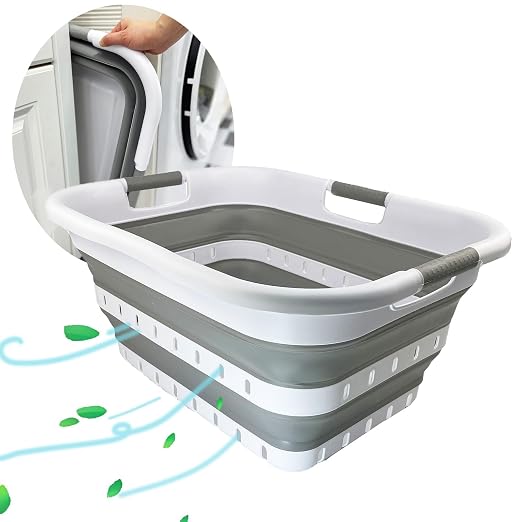 SAMMART 41L (10.8 Gallons) Collapsible 3 Handled Plastic Laundry Basket - Foldable Pop Up Storage Container/Organizer - Space Saving Hamper/Basket (1, White/Grey) by SAMMART