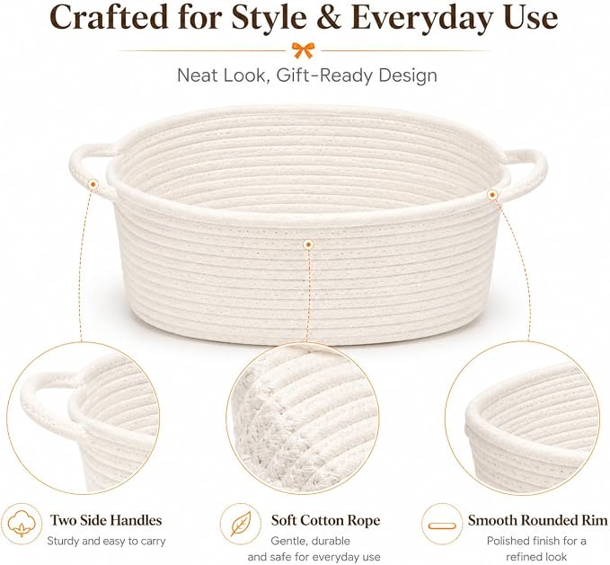 9Pcs Baskets for Gifts Empty with Gift Bags and Ribbons, Small Cute Woven Cotton Rope Basket, for Easter Mother's Day, Baby Nursery Room Shelf Storage Toy Pet Organizer to Fill, White, 12 x 8 x 5 inch - Image 3