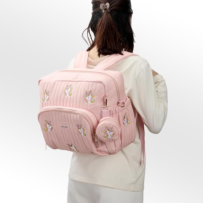 Diaper Bag Backpack with Changing Pad - Travel Baby Bag, Insulated Bottle Pockets, Stroller Straps (Medium - Pink Unicorns) - Image 2