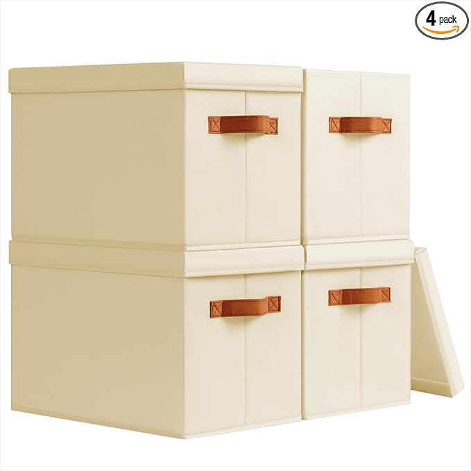 Storage Bins with Lids - Fabric Storage Baskets for Shelves, 4 Pack Foldable Decorative Boxes with Handles, Stackable Organizer Bins for Home, Nursery, Dorm, Beige by Homsorout