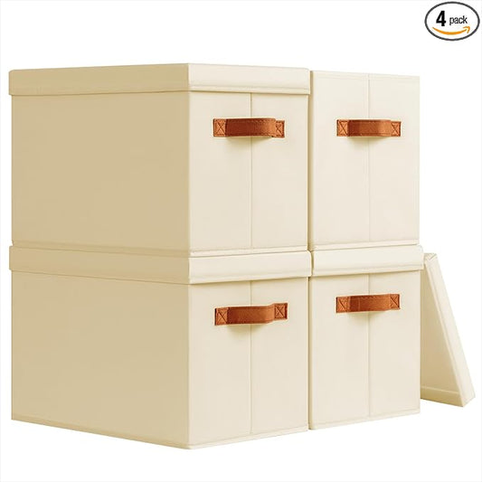 Storage Bins with Lids - Fabric Storage Baskets for Shelves, 4 Pack Foldable Decorative Boxes with Handles, Stackable Organizer Bins for Home, Nursery, Dorm, Beige by Homsorout