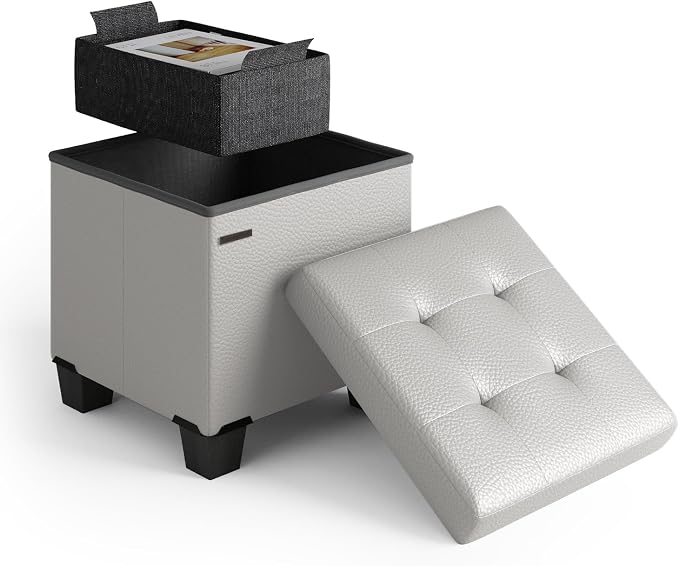 Storage Ottoman Cube with Small Bin, 15-in Square Ottoman with Storage for Living Room and Bedroom, Small Ottomans Foot Rest, Leather Foot Stools Ottomans Max 330lbs, Light Grey by STORAGEBUD