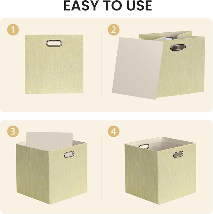 Posprica Storage Cubes, 13 x 13 x 13 Inches Fabric Bins with Double Handles，Cubes Basket Containers, For Shelf Cabinet Bookcase, Closet Organizers for Shelves, Foldable-Set of 4, Yellow/Beige mixed - Image 4