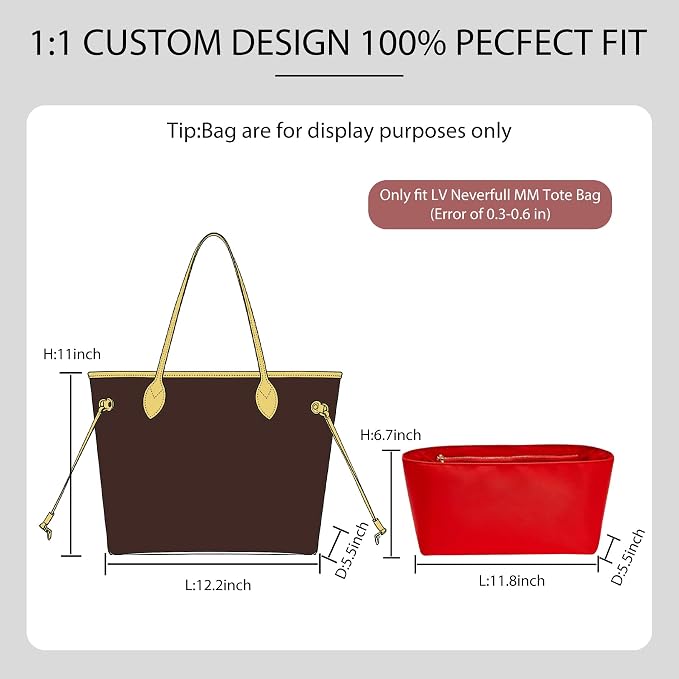 Nylon Purse Organizer Insert for Lv Neverfull MM Bag, Tote Dividers | Neverfull MM Organizer Red, 5 Compartments Storage, Zipper Pocket, Bottle Holder, Protects Bags, Easy Clean, For Travel - Image 2
