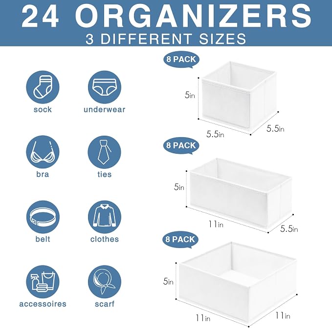 Drawer Organizer Clothes, 24 Pack Dresser Organizer Bins for Nursery Bedroom, Closet Organization and Storage Dividers for Clothing, Baby Clothes, Underwears, Socks (White) - Image 2