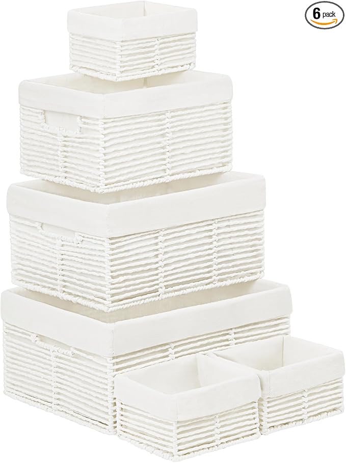 Wicker Storage Basket, 6 Pack Baskets for Organizing, Wicker Baskets with Handle, Rectangular Wicke Basket for Storage Shelves, Cube Storage Bins for Closet/Clothes/Dresser, White by Vagusicc