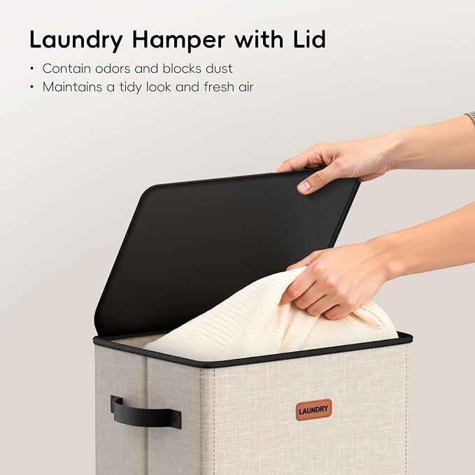 100L Laundry Hamper with Lid, Large Clothes Hampers with Removable Bag, Collapsible Laundry Basket for Bathroom, Bedroom, Laundry Room, Dorm, Beige - Image 4