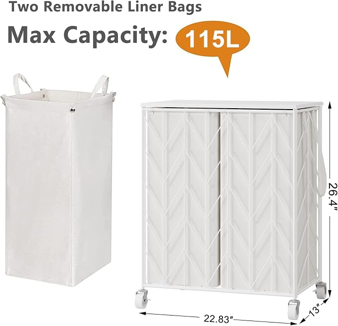 WOWLIVE Double Laundry Hamper with Lid, Rolling Laundry Basket with Wheels | Heavy Duty Wire Clothes Hamper with Divided Removable Bags, Large Iron-Made Laundry Sorter Laundry Room Organization, White - Image 3