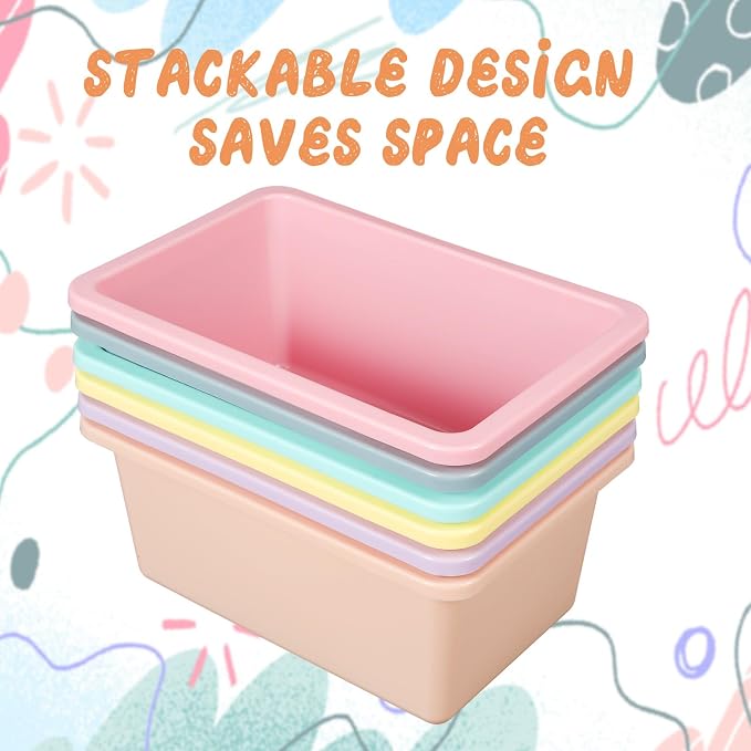 Tenceur 6 Pcs Plastic Book Bins for Classroom Library Cubby Bins Stackable Toy Storage Tubs Containers for School Office Home Nursery Playroom Organization, Pastel Color, 11.6 x 7.7 x 5 Inches - Image 5