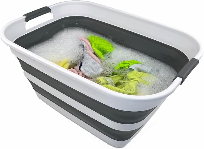 SAMMART Collapsible Plastic Laundry Basket with Dual Grip Handles 27L (7.1 Gallons) -Foldable Pop Up Storage Container/Organizer - Portable Space Saving Washing Tub/Hamper (1, White/Steel Grey) - Image 5