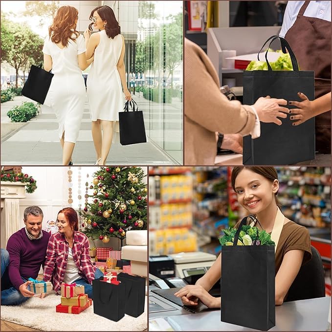 Non Woven Bags Bulk 100 Pcs Black Reusable Tote Bag Handle | 10x8x4 Inch Grocery Shopping Bags, Portable Gift Wrap For Merchandise Events Parties, Boutique Retail Store Supply Pack - Image 7