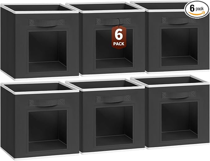 Cube Storage Bins - Fabric Shelves for Closet Organization, Foldable Storage Bins for Clothes, Decorative Storage Baskets with Window for Home, Set of 6, Black by Homsorout