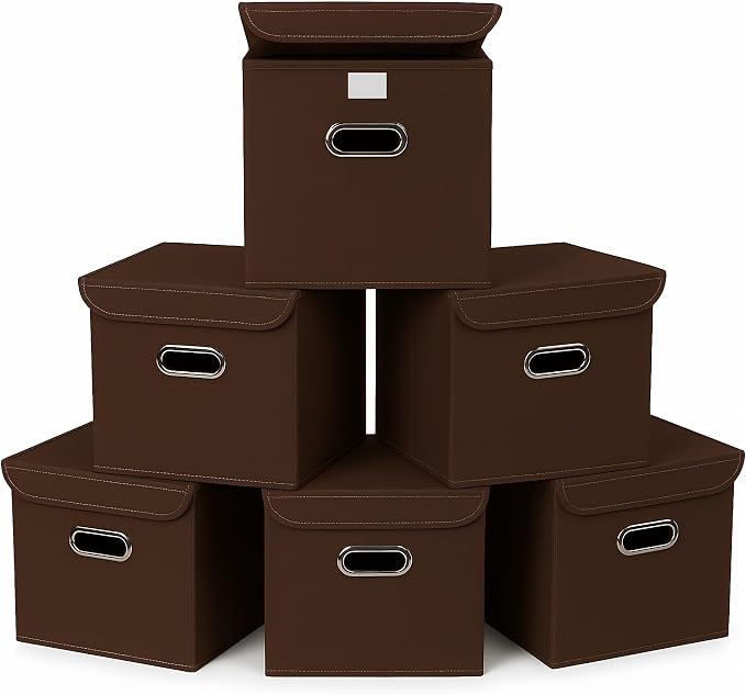 Closet Organizers Fabric Storage Bins With Lids Collapsible Cube Storage Organizer Basket With Handles,Storage Boxes for Clothes Storage,Office,Laundry,Shelves,6 Pack,（Coffee） by SEVENDOME