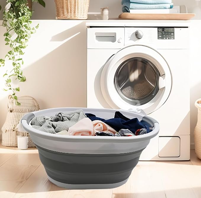 SAMMART 32L (8.4 gallon) Collapsible Plastic Laundry Basket - Foldable Pop Up Storage Container/Organizer - Portable Washing Tub - Space Saving Hamper/Basket, Water Capacity: 24L (1, White/Grey) - Image 2