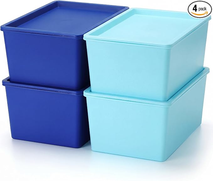 4 Pcs Storage Bins with Lids, Dark Blue, Light Blue, Large | Plastic Stackable Organizing Containers, Heavy Duty Storage Boxes for Classroom Room Shelves, Christmas Ornaments Baskets by Menkxi