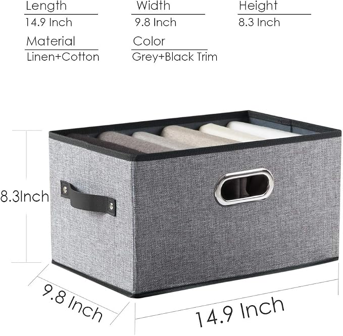 Large Foldable Storage Bins for Shelves [3-pack] Decorative Linen Fabric Storage Baskets Cubes with Leather/Metal Handles for Closet Nursery Office Grey and Black Trim (14.9x9.8x8.3 Inch) - Image 7