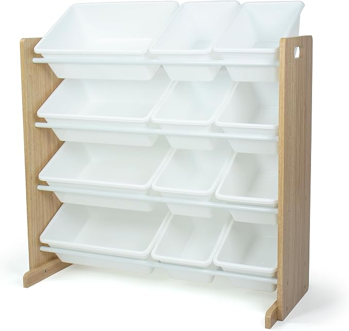 Humble Crew Kids Toy Organizer with 12 Bins, 4 Tier Storage for Playroom | Sturdy wood and steel toddler shelf, removable BPA-free containers, wall anchor anti-tip safety kit for bedroom or classroom by HumbleCrew