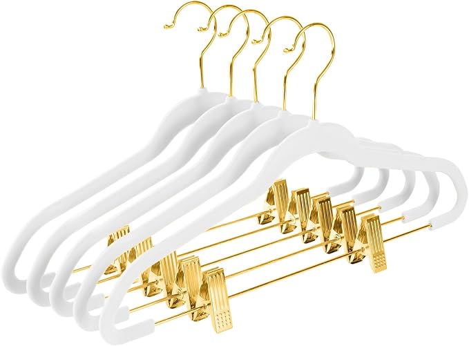 MIZGI Premium Velvet Pants Hangers with Adjustable Clips (Pack of 30) Slim Skirt Hangers- Non Slip Felt Outfit Dress Hangers White - Gold Hooks,Space Saving Shirt Clothes Hangers by MIZGI