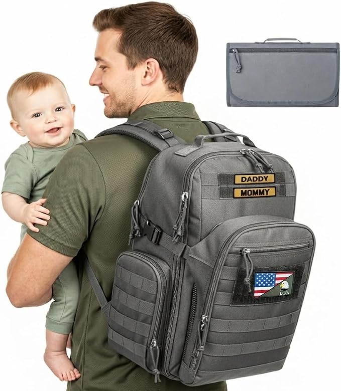MIRACOL Dad Diaper Bag Military - Tactical Baby Backpack with Changing Pad for Outdoor Baby Care - Water-Resistant Fabric & MOLLE System Ideal for Travel Hiking Parks Grey by MIRACOL