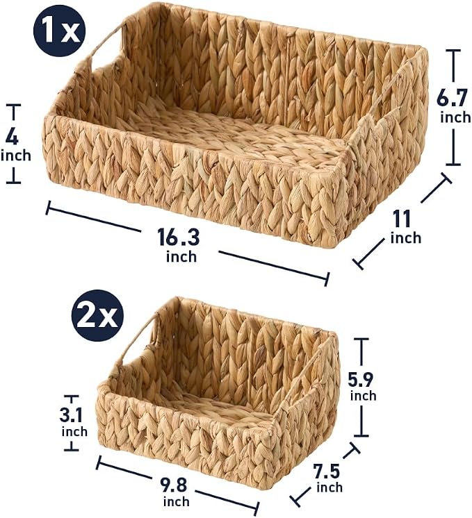 Ornavo Home 3-Pack Water Hyacinth Storage Baskets with Handles, Natural | Handwoven Decorative Natural Organizer For Shelves, Pantry, Closet Or Living Room - Image 2