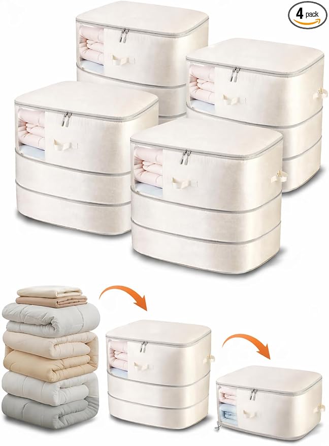 Comforter Storage Bag - 3-Layer 4-Pack Self Compression Organizer, Closet Organizers and Storage, Under Bed Space Saver, Blanket Organizer for Bedding, Pillow, Sheet, Clothes, Nursery Use by Unknown