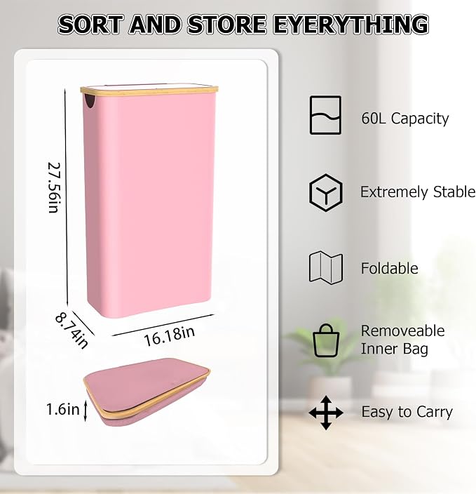 Slim Laundry Hamper with Lid, 60L Laundry Basket with Handles, Skinny Narrow Collapsible Dirty Clothes Hamper with Removable Laundry Bag for Bathroom Bedroom Dorm Clothes Toys Towels (Pink, 2 Pack) - Image 3