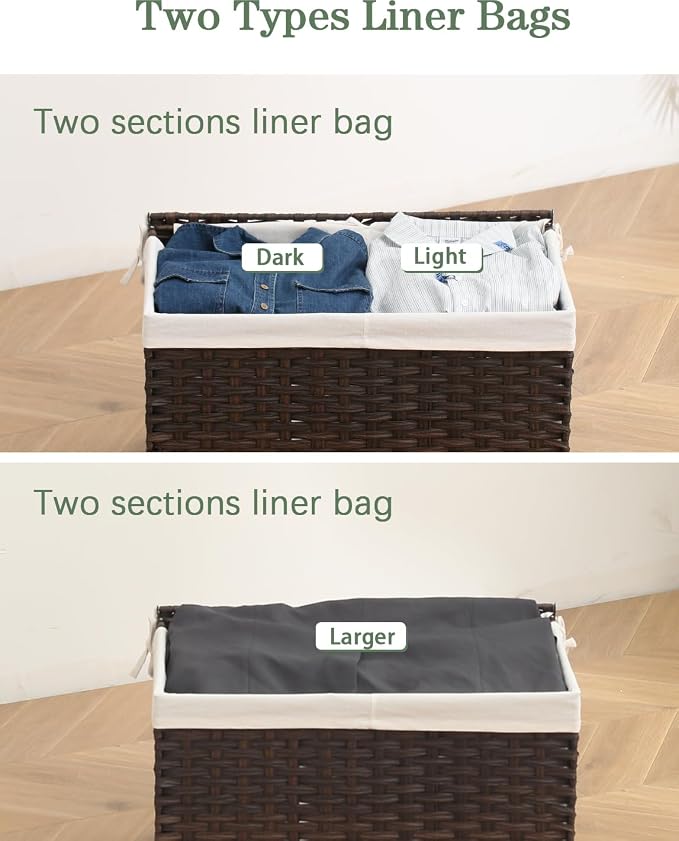 SETVSON Storage Basket with Lid Wicker Baskets for Storage, 160L Brown | 42.3 Gallon Storage Bin with 2 Separate Lids, 2 Removable Liners for Clothes & Blankets, Sturdy Metal Frame, PE Rattan - Image 5