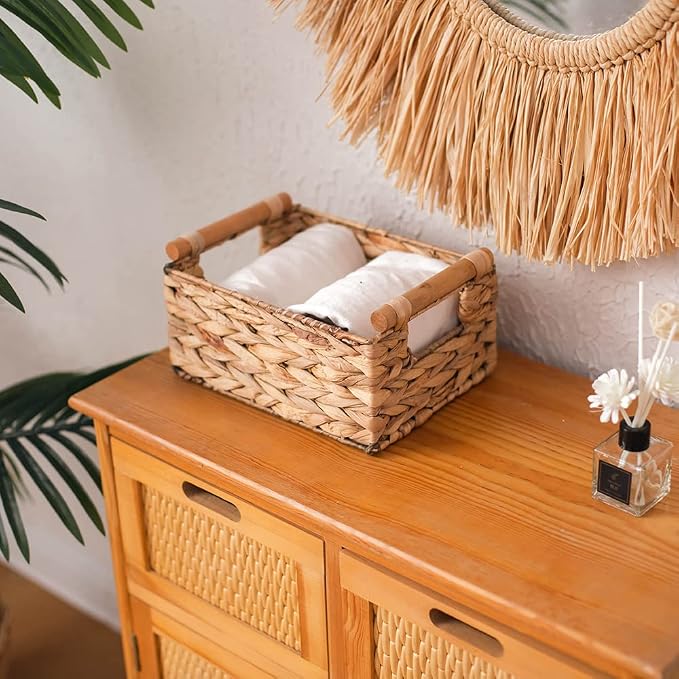Natural Woven Water Hyacinth Storage Basket with Wood Handles, Small | Rectangular wicker‑style bin, decorative accent, for shelves, bathroom, pantry, closet organization, countertop use - Image 4