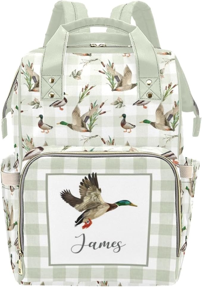 Custom Wild Ducks Diaper Bag for Women, Personalized Name Multifunction Nylon Nursing Mommy Daypack with Large Capacity for Travel, Birthday Mother Gift by Noverbibi