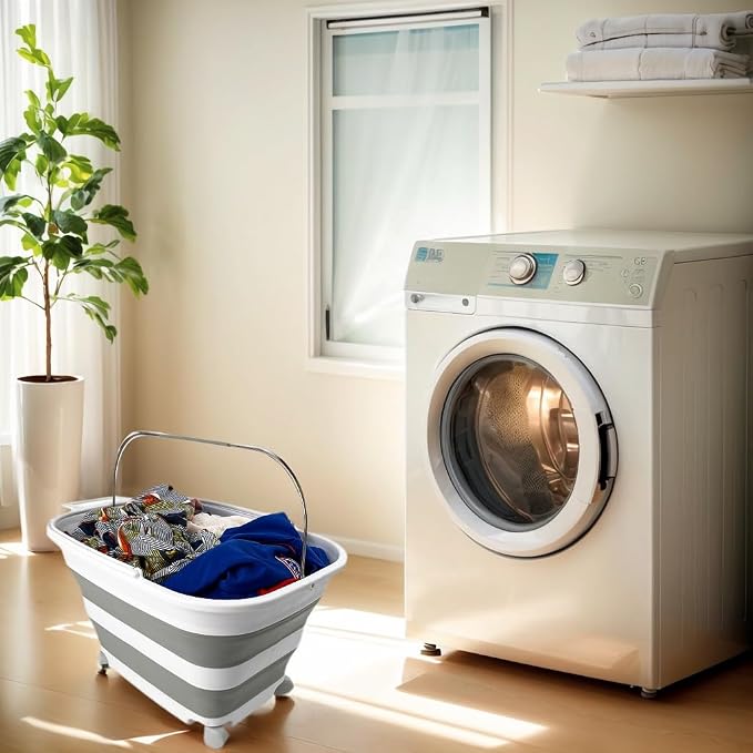 SAMMART 35L (9.24 Gallons) Collapsible Plastic Laundry Basket with Handle and Wheels - Foldable Pop Up Storage Container/Washing Tub - Space Saving (1, White/Grey) - Image 7