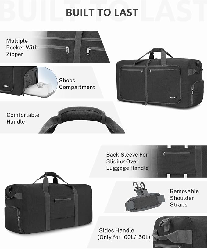Gonex 80L Foldable Travel Duffle Bag with Shoe Compartment, Lightweight | 210D Nylon, Water-Repellent, Folds Compact, Multiple Pockets, Luggage Sleeve, Weekend Trips & Camping, Dark Grey - Image 5
