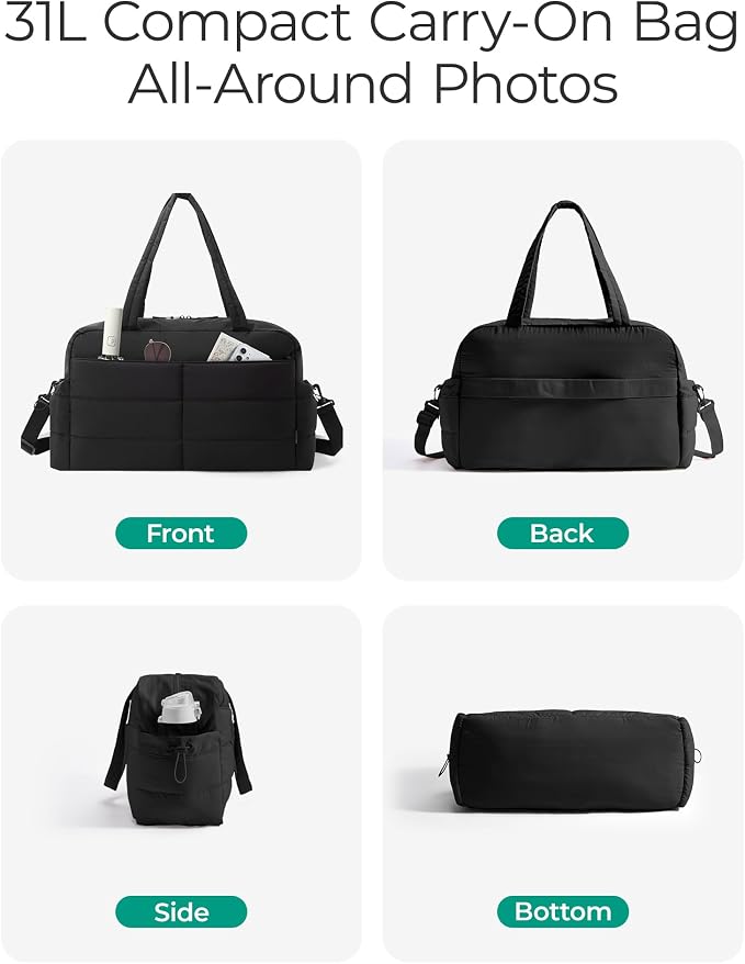 BAGSMART Gym Bag for Women, Lightweight Puffer Duffle Bag 2-PC Travel Bag, 31L Weekender Overnight Bag Quilted Carry On Tote Bag, Diaper Hospital Dance Bag for Travel, Gym, Water Resistant, Black - Image 5