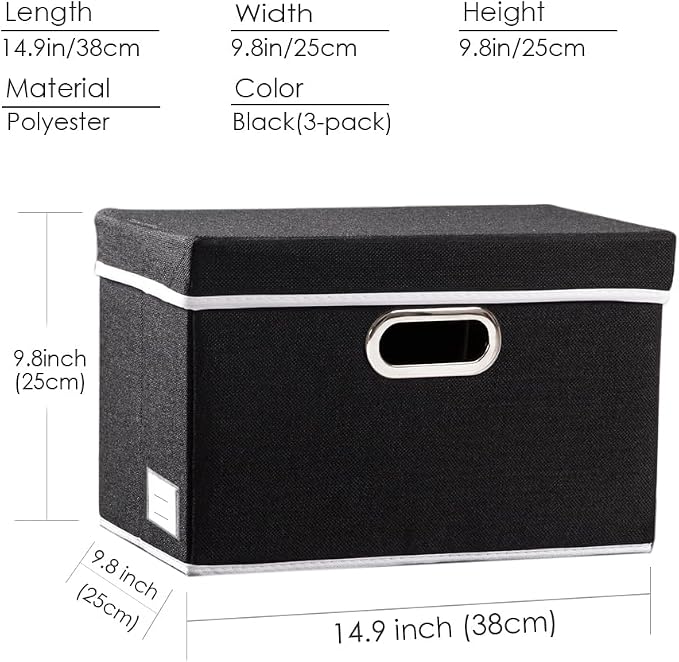 Foldable Storage Box with Lid [3-Pack] Fabric Collapsible Storage Bin Organizer Container Basket Cube with Cover for Home Bedroom Closet Office Nursery Black (14.9x9.8x9.8) - Image 6