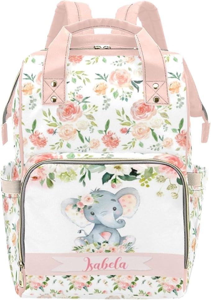 Custom Name Diaper Bag Customized Floral Elephant Mommy Nappy Bags with Multi Pocket & Large Capacity Personalized Nappy Changing Bag Nursing Mommy Daypack with Multi Pockets for New Mom by Noverbibi