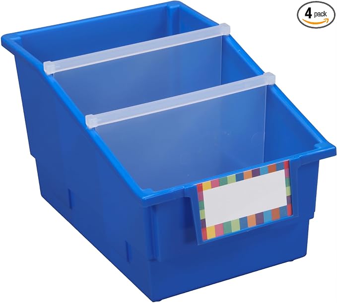 Really Good Stuff Blue Chapter Book Classroom Library Bins with Dividers | 8.75" x 13.5" x 7.75", 4-Pack, Plastic Shelf Bin Organizers for Book Organization, Documents, Files, Magazines by ReallyGoodStuff