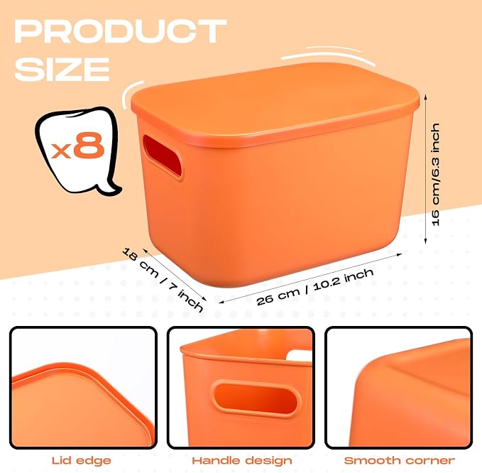 8 Pack Storage Bins, 10.2 X 7 X 6.3 Inch Orange | Plastic Stackable Containers with Lid Handle, For Shelves Desktop Playroom Office, Organizing Toys Books Supplies Storage - Image 2