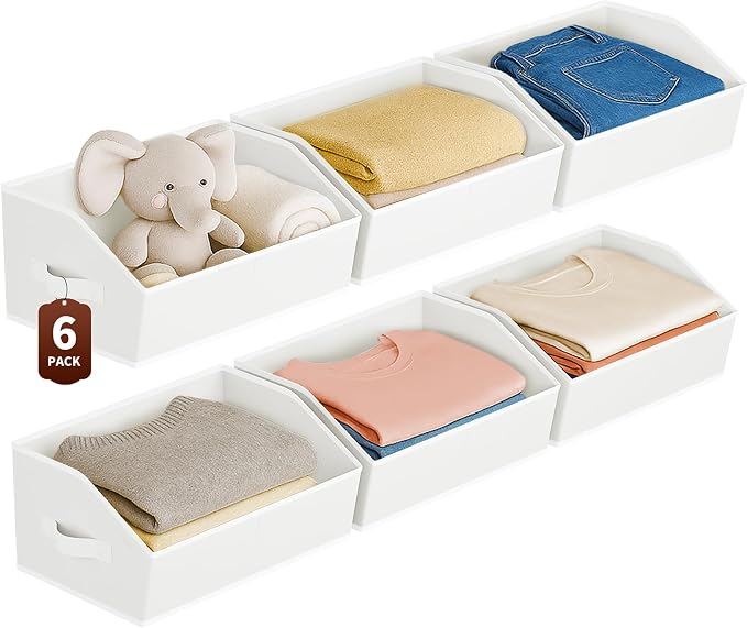 Large Closet Organizers and Storage Bins - 6 Pack Trapezoid Storage Baskets for Shelves, Foldable Fabric Baskets with Handles Ideal for Closet, Basket, Wardrobe and Shelf Storage, White by Homsorout