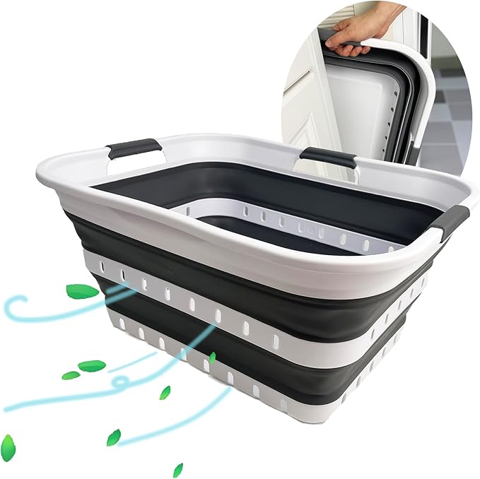 SAMMART Collapsible Plastic Rectangular Laundry Basket - Foldable Pop Up Storage Container/Organizer - Portable Laundry Hamper - Space Saving (White/Steel Grey, 42L) by SAMMART