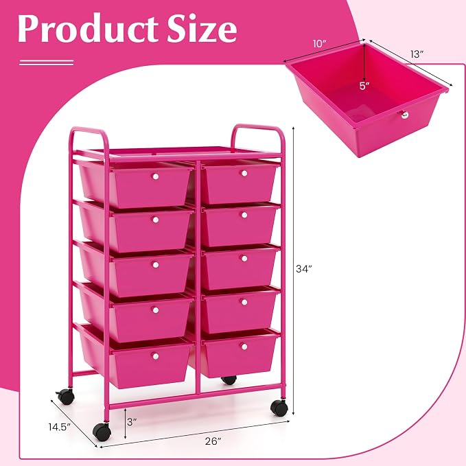 COSTWAY 10 Drawer Rolling Storage Cart, Utility Cart with Lockable Wheels | Mobile Art Supply Craft Organizer with Metal Frame, Multipurpose Drawer Cart for Paper for Office, School, Hot Pink - Image 3