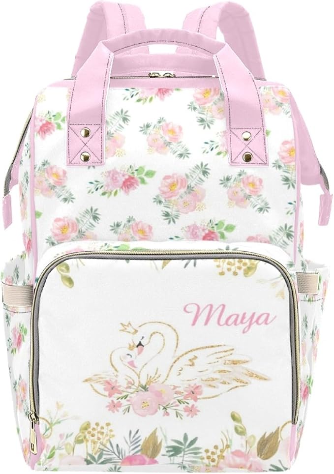 Custom Diaper Bag Personalized Floral Swan Casual Nursing Mommy Daypack with Insulated Pocket Customized Cute Diaper Bag Backpack with Name or Holiday Travel by Noverbibi