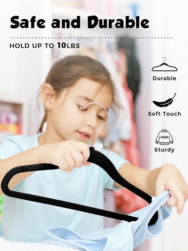 Kids Velvet Hangers 50 Pack, 14 Inch Premium Non Slip Kids Felt Hangers for Closet, Space Saving Toddler Clothes Hanger for Youth's Childrens' Clothes (Rose Gold Hook)- Black | Premium Kids Hangers for Closet Storage, Space Saving Toddler Clothes Hange... - Image 6