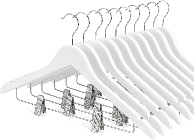 TOPIA HANGER Wooden Suit Hangers with Adjustable Metal Clips (10 Pack), Solid Smooth Wood Clothes Hangers, 360° Swivel Hook, Premium Pants Hangers for Clothes Coat, Jeans, Blouse-White,CT28W by TOPIAHANGER
