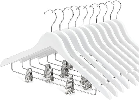 TOPIA HANGER Wooden Suit Hangers with Adjustable Metal Clips (10 Pack), Solid Smooth Wood Clothes Hangers, 360° Swivel Hook, Premium Pants Hangers for Clothes Coat, Jeans, Blouse-White,CT28W by TOPIAHANGER