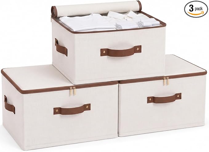 Tuza 3 Pcs Rigid Storage Bins with Zipper Lid, Cotton Linen Fabric Storage Boxes, Foldable Shelves Clothes Storage Cubes with Handles for Wardrobe, Closet(Beige, 25L) by LOVEWHEREYOULIVE