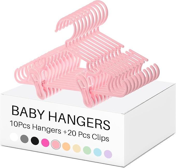 Hsei Baby Hanger with Clip for Pant,30 Packs Total,Pink,10.6 Inch | 10 Kids Plastic Hanger with 20 Clips for Newborn, Nursery, Daycare, Preschool, Closet, Wardrobe Organizer for Baby Shower by Hsei