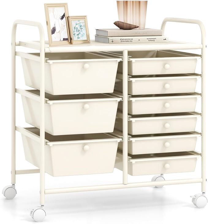 RELAX4LIFE 9 Drawer Rolling Storage Cart - Mobile Drawer Carts for Craft Art Supply Paper Salon, Utility Cart on Wheels for Classroom Teacher School Office, Rolling Cart with Drawers (Ivory White) by RELAX4LIFE