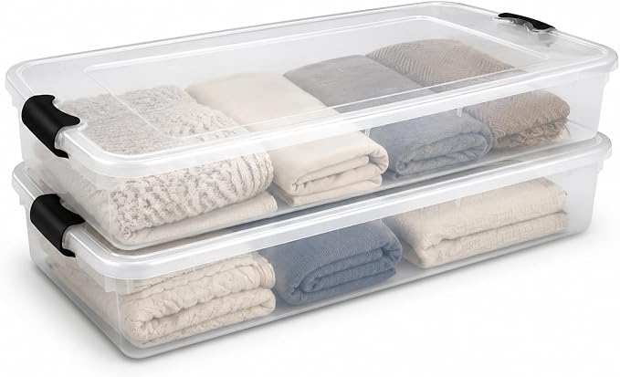 HOMZ Under Bed Clear Plastic Storage Bin w/Lid, 60 Qt, Gray Latch, 2 Pack | Stackable Underbed Container Set for Shoes, Bags, Clothes, and Towel Organization by Homz