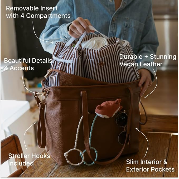 Parker Baby Co. Willow Tote, Vegan Leather Diaper Tote & Removable Insert | Stylish diaper tote bag with removable insert, changing pad and stroller hooks create a polished work-to-baby carryall - Image 5