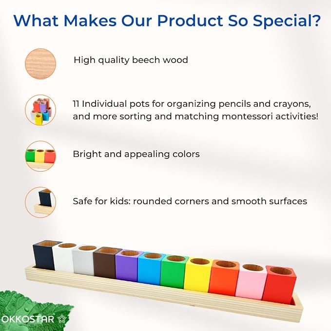 Montessori Crayon Holder for Kids - Craft Supply Organizer - Classroom Storage Caddy Case - Perfect for Colored Pencils [Crayons or Pencils NOT Included] (Standard) | Color Sorting Caddy, 11 Beechwood Cups Plus 8 Stencils, Holds Crayons Pencils Markers... - Image 3